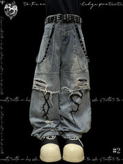 Y2K Wasteland Blue Straight-Leg Jeans with Distressed Holes and Graphic Print