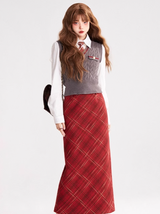 Preppy Style Top White Shirt with Red Tie / Gray Vest