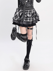 Y2K Plaid Tiered Skirt  Black and White / Black and Red Bowknots Decoration