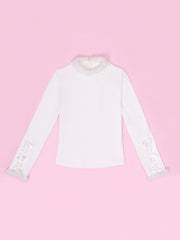 White Winter Long Sleeves Top with Plush Neckline and Cuffs