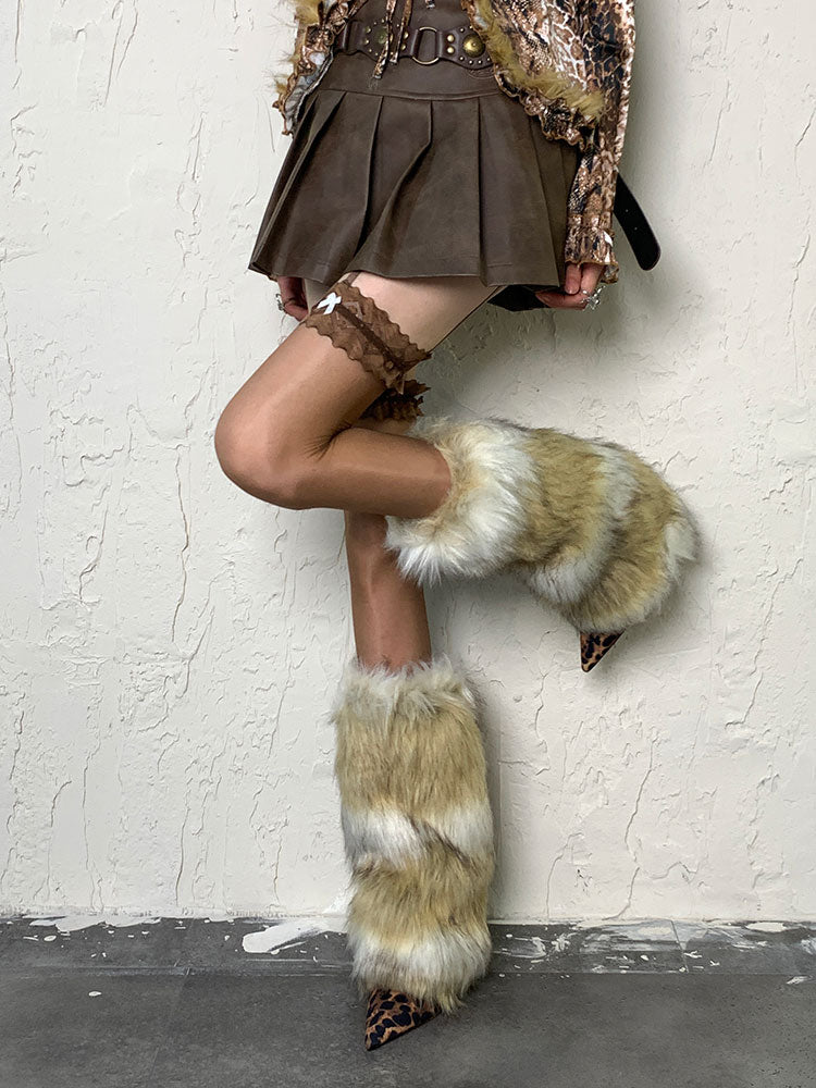 Punk White&Brown Y2K Shaggy Leg Warmers