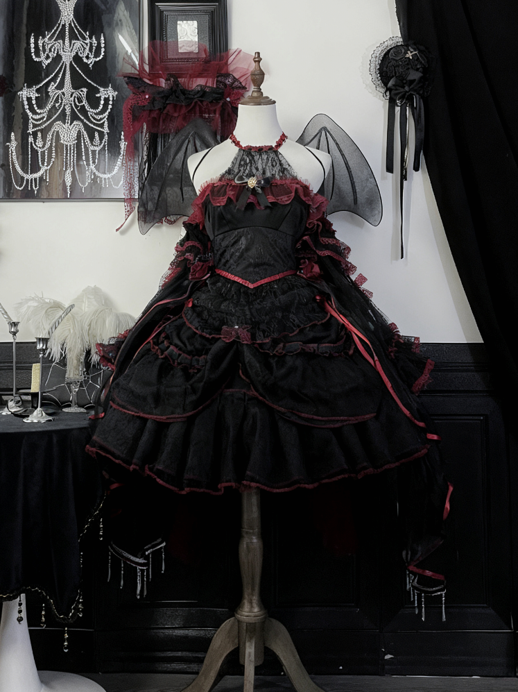 Black & Red Lace Trim Gothic Lolita Dress+Train+Headpiece+Detachable Sleeves+Waist Accessory+Wing Full Set – Curve-Friendly Fit