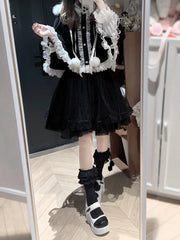 Jirai Kei Black Plush Hooded Cape with Contrast White Lace & Heart Buttons