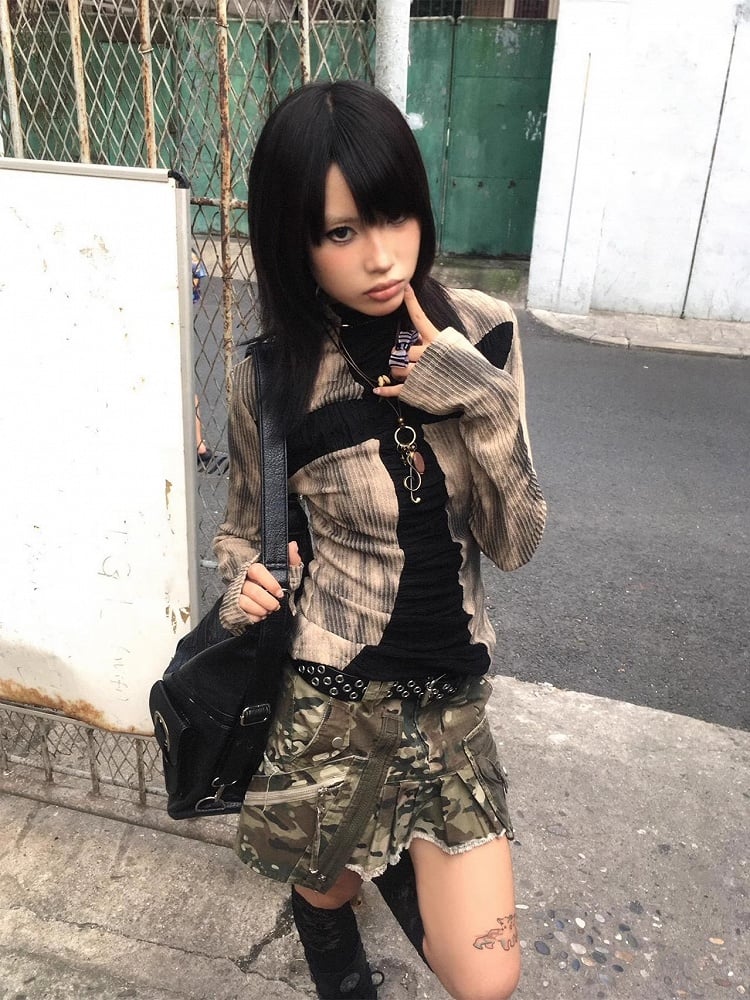 Y2K Cross Design Khaki Punk Knit Top for Autumn Winter