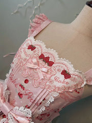 Strawberry and Cake Print Pink Cute Dress Sweet Lolita Jumper Skirt