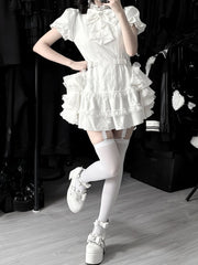 White Gothic Jirai Kei Set: Dress with Puffy Sleeves & Flowing Side Train，Shorts and Bow Tie