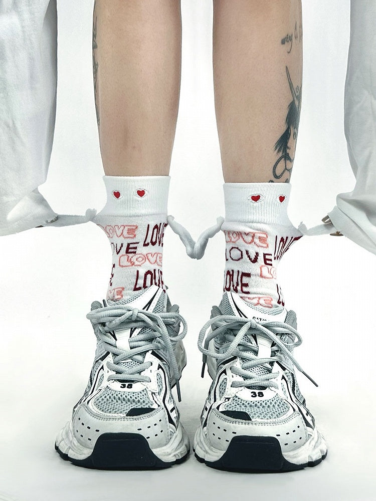 White Heart and Letter Pattern Socks with Bunny Ear Decoration