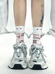 White Heart and Letter Pattern Socks with Bunny Ear Decoration