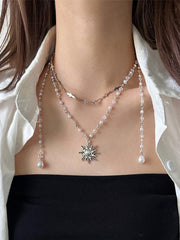 Y2K Silver Multi-Layered Necklace With Sunflower Pendant