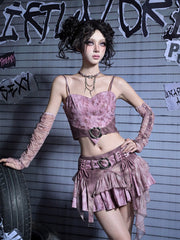 Y2K Punk Pink Denim Mini Skirt with Asymmetric Hem & Heart Buckle Sequined Belt