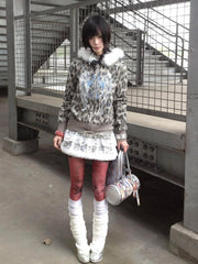 Clearance - Size S for Bust 102cm Gyaru Fashion Y2K Gray Leopard Print Hoodie with Detachable Faux Fur Trim