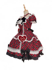 Red & Black Plaid Puff Sleeves Sweet Lolita Dress with Sweetheart Appliques