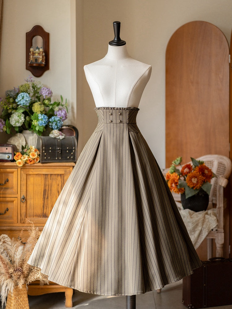 Vintage Olive Green Striped Skirt with Boned Waist and and Button Accents