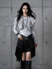 Dusty Blue Chain Print Top with Juliette Sleeves & Flutter Overlays