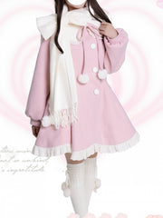 Pink Ruffle Trim Bow Accents Long Coat with Bowknot Scarf