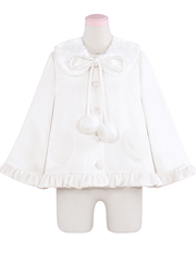White Heart-shaped Buttons Woolen Coat with Detachable Plush Collar