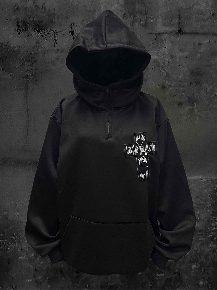 Y2K Black Hoodie with Cross Embroidery Applique and Partial Zip Placket