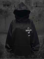 Y2K Black Hoodie with Cross Embroidery Applique and Partial Zip Placket