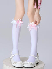 White Lolita Bunny Ears Bow Ruffle Calf Socks