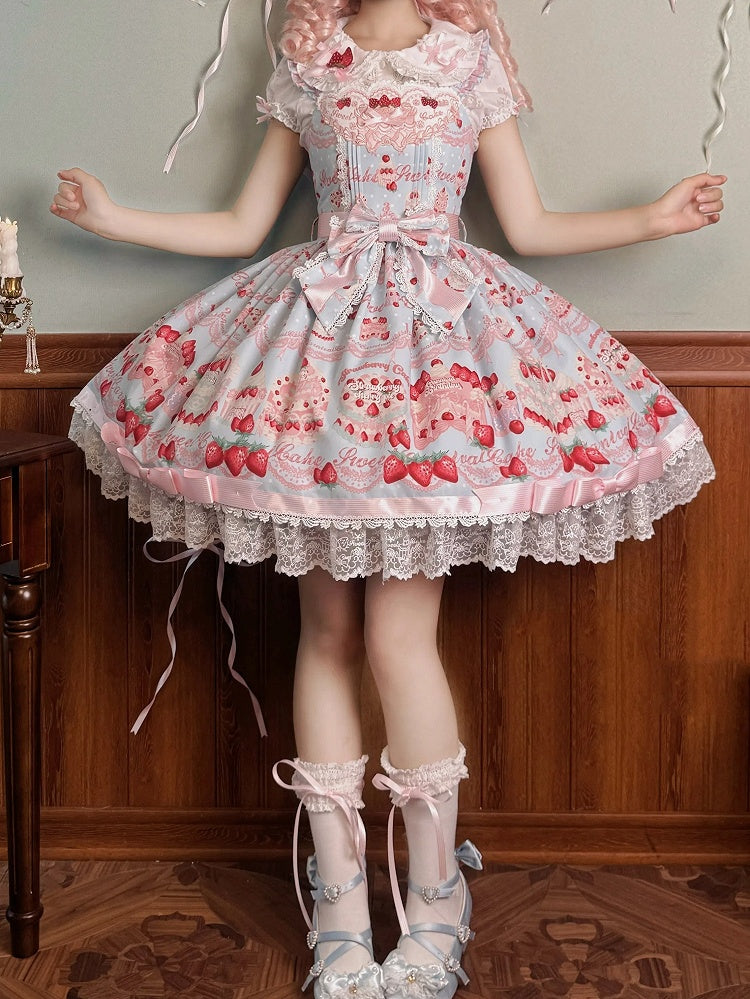 Strawberry and Cake Print Blue Cute Dress Sweet Lolita Jumper Skirt
