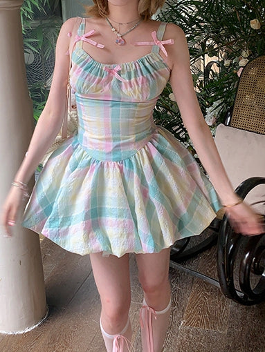 Rainbow Plaid Pattern Bubble Skirt Cami Dress