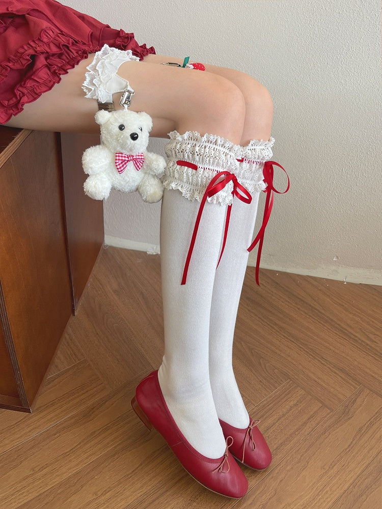 White Lace Trims Underknee Stockings with Red Ribbons/Bear Charm Leg Loop
