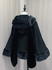 Jirai Kei Black Bunny Ears Hooded Plush Cape with Detachable Bowknots