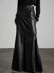 Urban Goth Black Split Leather Skirt with Rivet & Buckle Decor