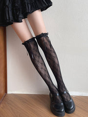 White/Light Yellow/Black Bowknot Details Lace Trim Overknee Stockings