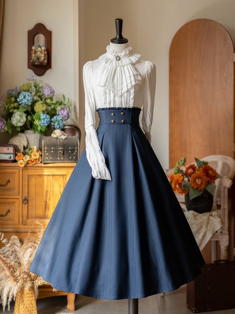 Vintage Dark Blue Boned High Waist Striped Skirt