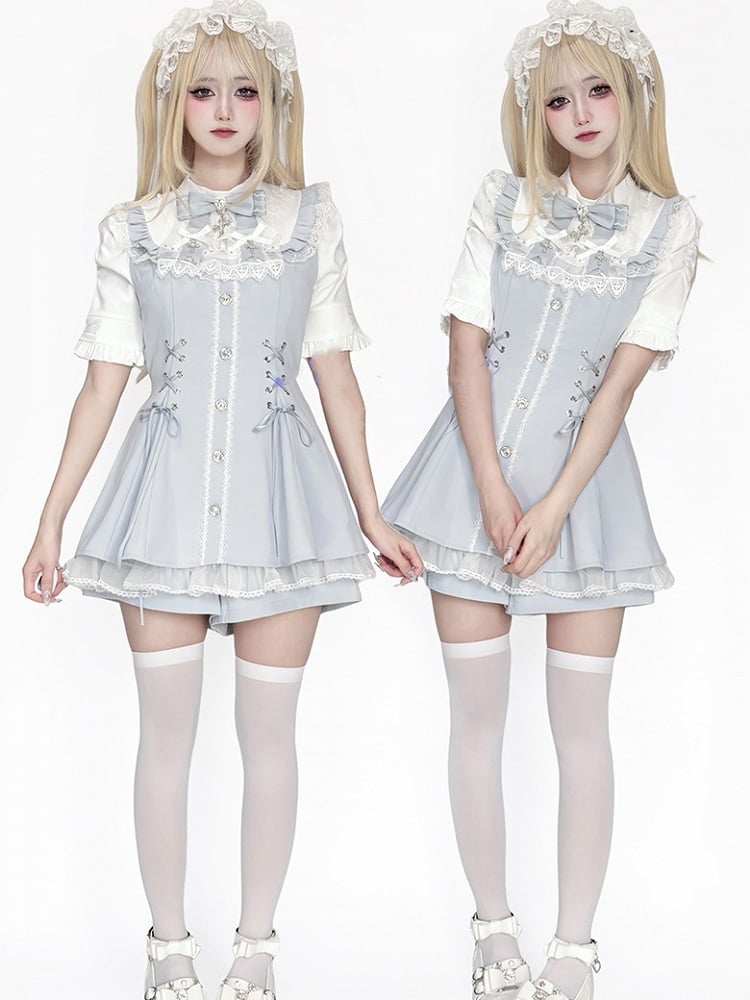 Jirai Kei Gothic Light Blue Dress & Shorts Set Featuring a Bib Bow Tie & Lace-Up Details