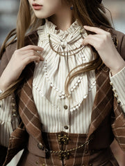 Steampunk Beige Ruffle Banded Collar Striped Shirt With Metal Chain and Buttons