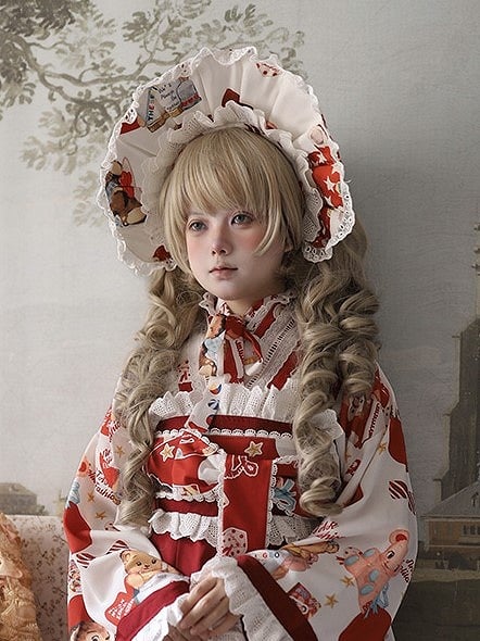 Wine Red/Beige Bear Print Lolita Bonnet