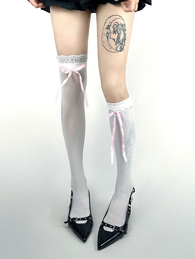 White/White & Pink Lace and Bowknot  Over Knee Stockings