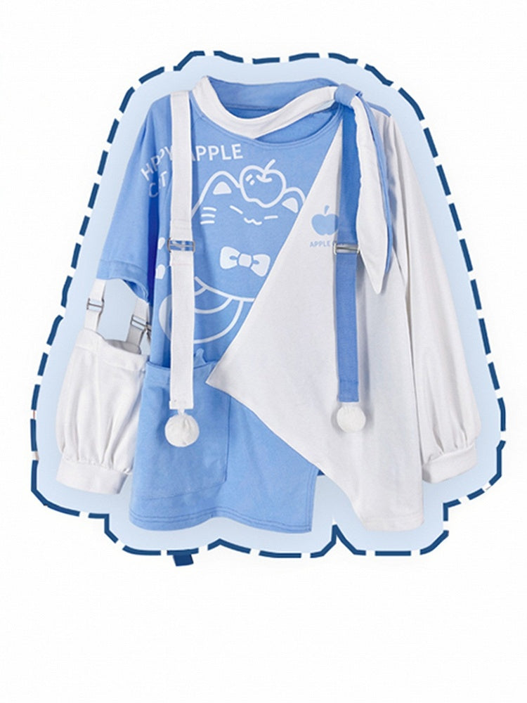 White & Blue Colorblock Design Asymmetrical Hem Sweatshirt