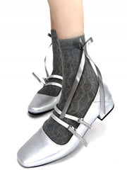 White/Black/Gray/Pink Bowknot Strap Calf Socks