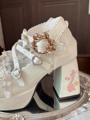 White Sweet Lolita Chunky High Block Heel Mary Janes in PU - Crisscross Straps, Bow Accents & Lace Trim