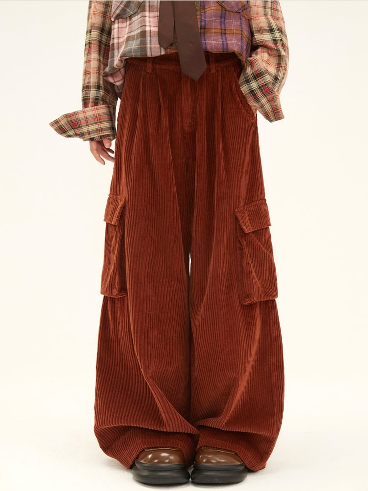 Clearance - Size M for Waist 68cm Coffee Corduroy Cargo Pants