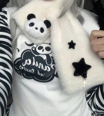 White & Black Cross Plush Scarf with Panda/Puppy Plushie