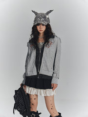 Gray Punk Two-in-One Crop Hooded Jacket with Wing Embroidery & Inner Striped Hoodie