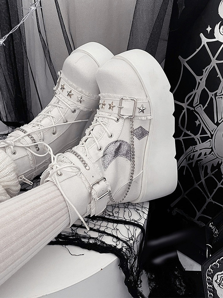 White Moon Applique Buckle Ankle Strap  Platform Boots