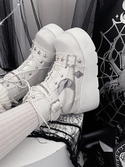 White Moon Applique Buckle Ankle Strap  Platform Boots