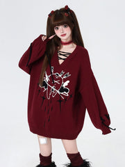 Wine Red Tooth and Star Pattern V-neck Loose Sweater Lace-up Detail