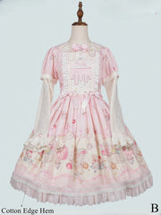 Pink Bunny and Dessert Print Sweet Lolita Dress with Lace Hem/Cotton Edge Hem