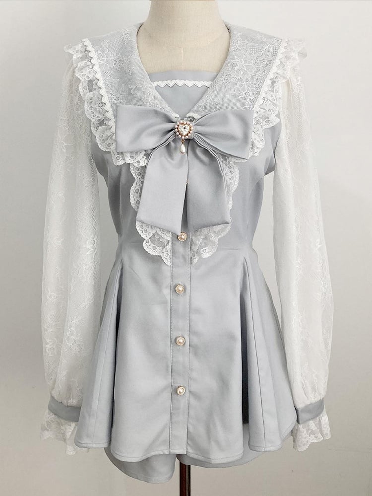 Fresh Light Blue Sailor Set: Jirai Kei Mesh-Sleeve Mini Dress with Shorts and Detachable Bow