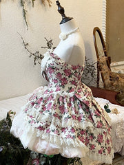 Chic Pink Rosette Hi-lo Strapless Top with Bubble Skirt Set Fairycore Floral Princess Dress