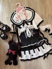 Soft & Adorable Black and White Overall Dress - 'Piano Key' Box Pleats / Peter Pan Collar T-shirt with Kitten Print