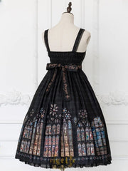 Long Version Black Church Stained Window Print Gothic Lolita Dress with White Detachable Collar