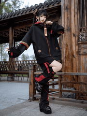 Black Techwear Elastic Waist Shorts with Draping Red Snap Straps