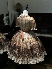 Brown Teddy and Cake Print Sweet Lolita Short Sleeves Dress